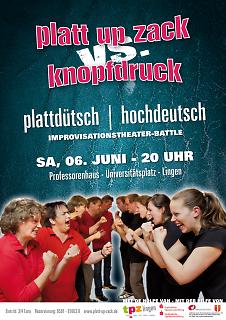 Plakat Improtheater-Battle "Platt Up Zack vs. Knopfdruck"